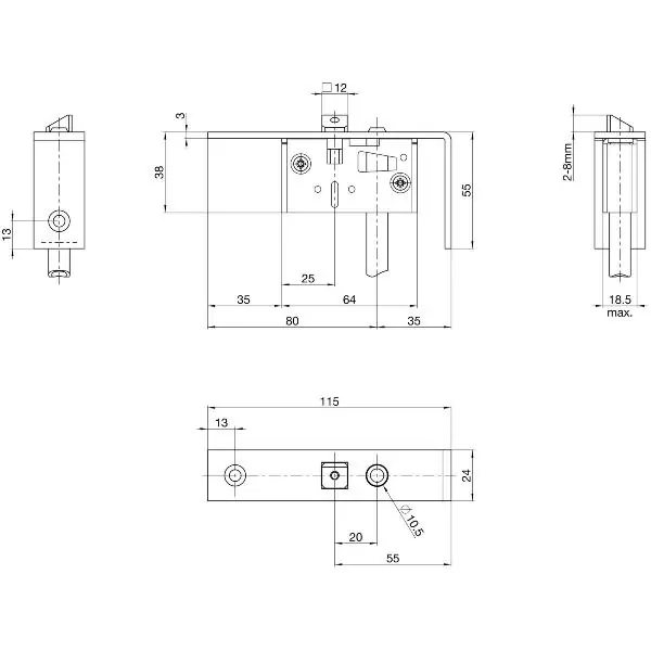 Dostępne od ręki BKS Schaltschloss B1595, Stulp eckig, abgewinkelt 24/115/55 mm, DM 35, Edelstahl
