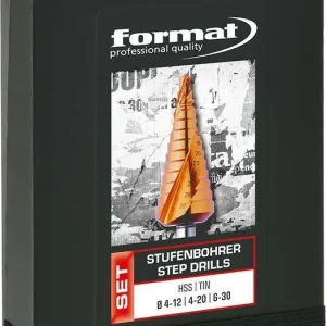 Zestaw wierteł stopniowych HSS TiN, z rowkiem spiralnym 4-30mm FORMAT Nowy